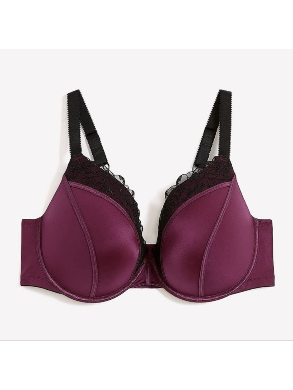 Deesse Underwire Padded Push-Up Plunge Satin Bra Purple Black Lace Size 40DDD